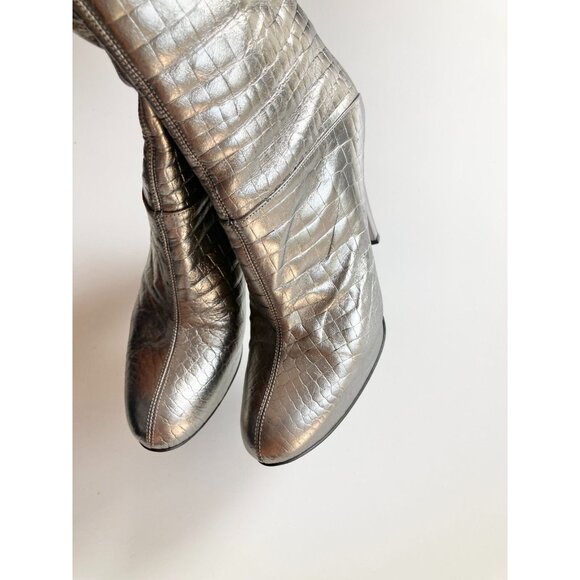 CASADEI Silver Croc-Embossed Leather Mid Calf Platform Mid Calf Boots, Size 6 - Picture 5 of 16
